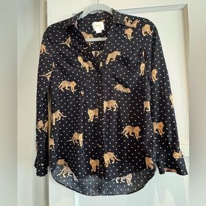 Anthropologie Maeve Women's Leopard Polka Dot Print Long Sleeve Black Blouse